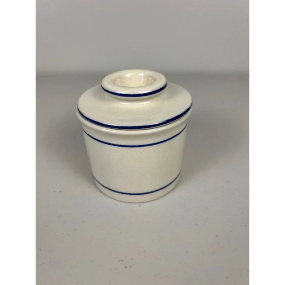 Norpro Ceramic French Butter Keeper Crock Cream‎ with Navy Blue Stripes 2 Piece